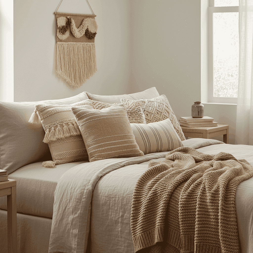 Boho decorative pillow covers on sofa adding warm texture and style
