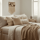 Boho decorative pillow covers on sofa adding warm texture and style