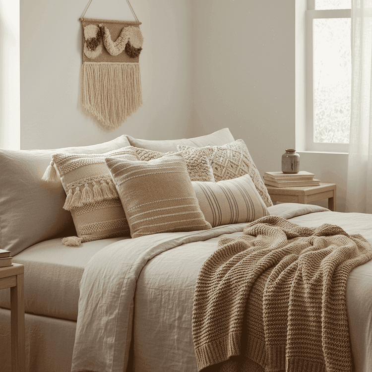Boho decorative pillow covers on sofa adding warm texture and style