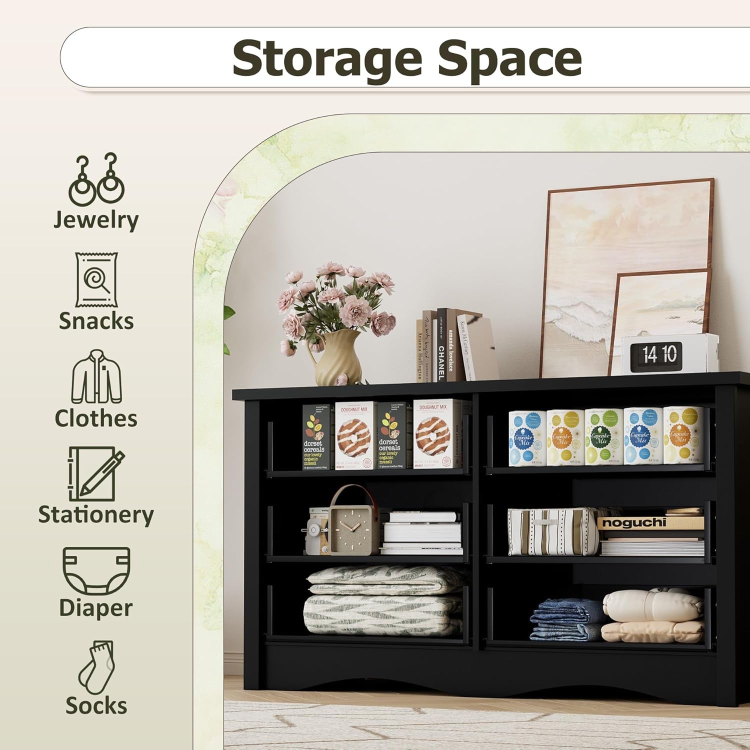 Black 6-Drawer Premium Dresser with Wide Display Top