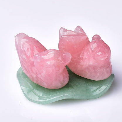 Rose Quartz Mandarin Duck Figurine with Lotus Leaf (1 Set)
