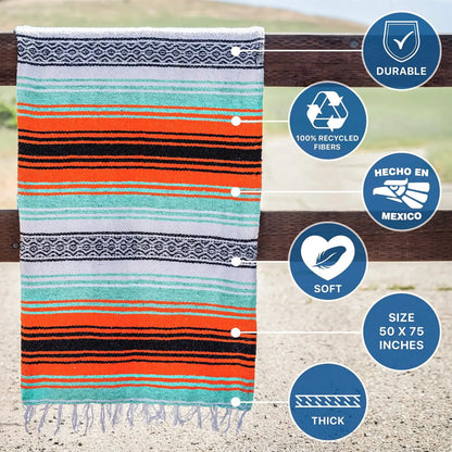 Authentic Handwoven Mexican Blanket - Yoga Blankets, Outdoor, Picnic, Beach, Camping - Equestrian Saddle - Serape 50X70 Inches - Bright Mandarin, Pack of 1