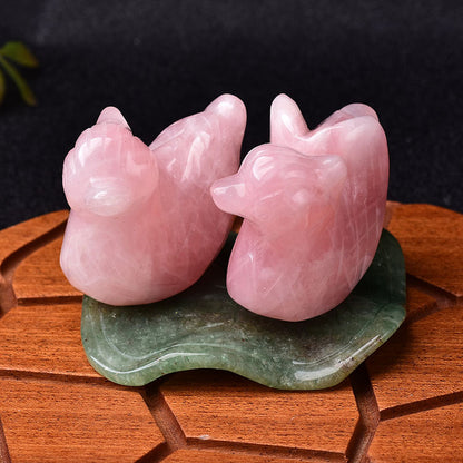 Rose Quartz Mandarin Duck Figurine with Lotus Leaf (1 Set)