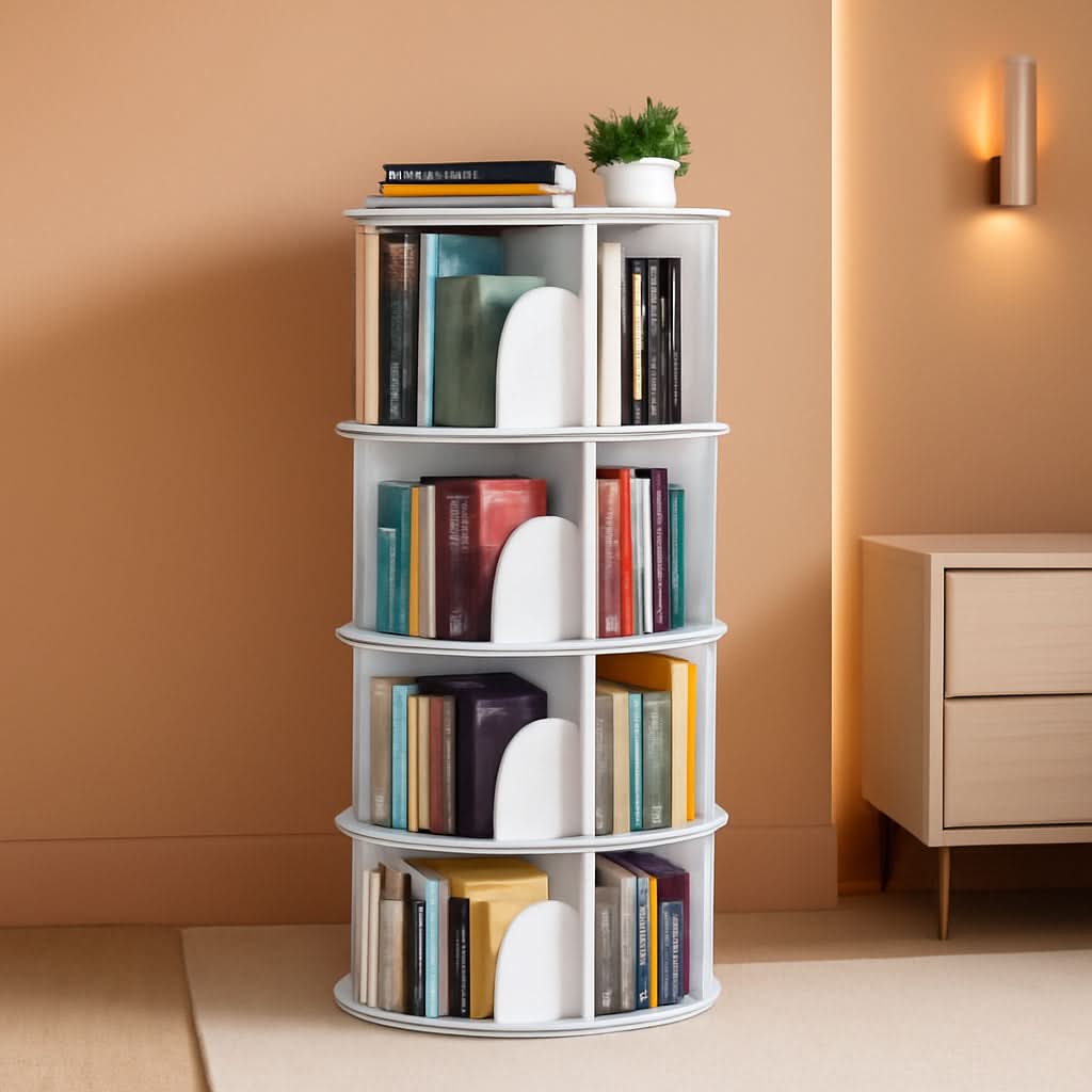 4-Tier Rotating Bookshelf Tower — White Spinning Bookcase, 50"H ShipItFurniture