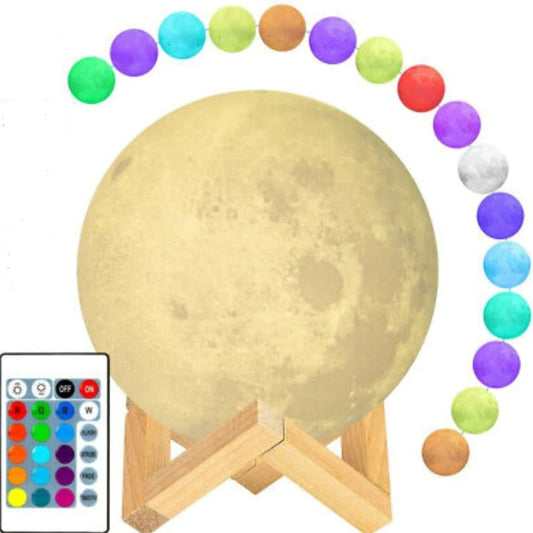 Glowing moon lamp with wooden stand - ambient bedroom night light