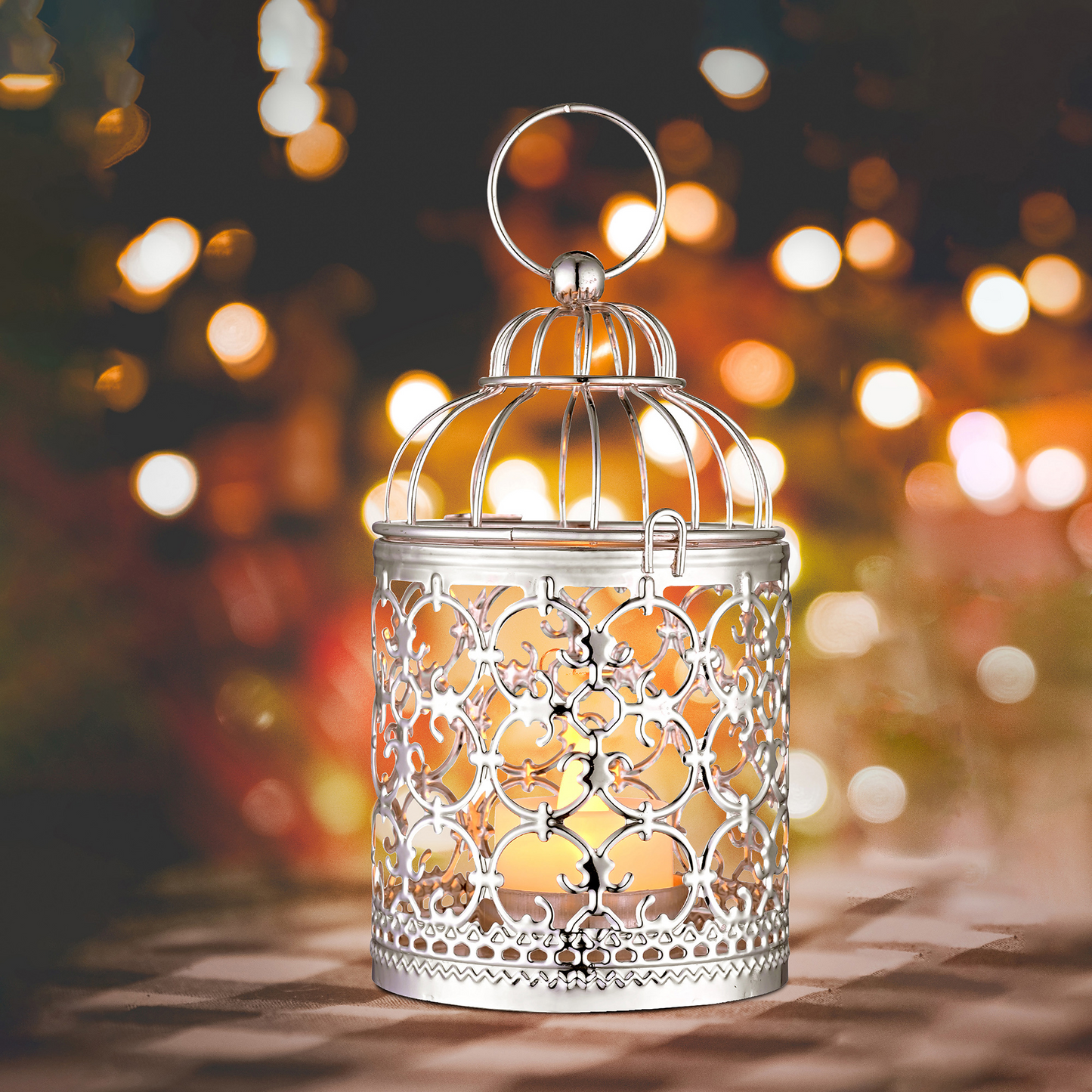Hanging birdcage lantern with tealight - rustic outdoor entertaining decor