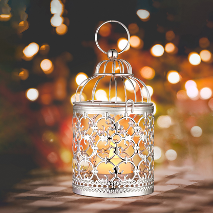 Hanging birdcage lantern with tealight - rustic outdoor entertaining decor