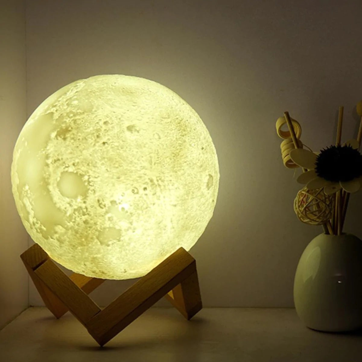 Moon lamp with stand on bedside table - cozy bedroom decor