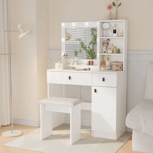 Vanity Desk with Lighted Mirror & Drawers — Adjustable Brightness Bedroom Vanity