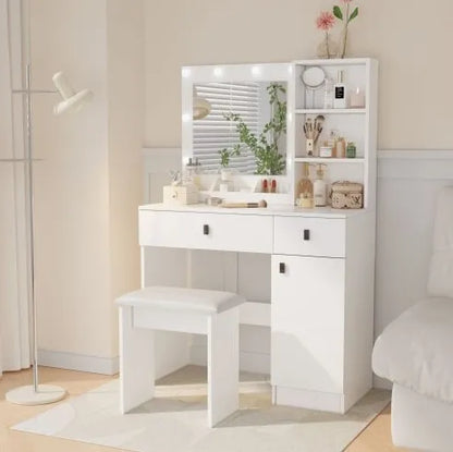 Vanity Desk with Lighted Mirror & Drawers — Adjustable Brightness Bedroom Vanity