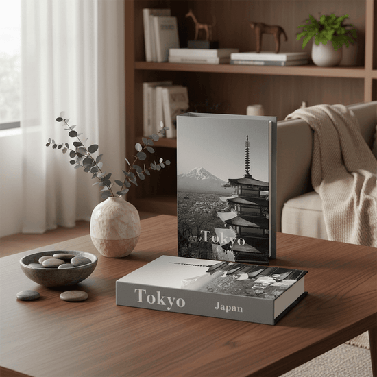 Stack of decorative book boxes with Nordic home accent on a coffee table with candle and sculpture