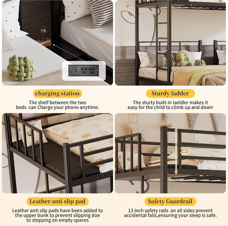 Obsidian Black Triple Bunk Bed with Built-In Charging Station — 3 Twin Beds Jonine&