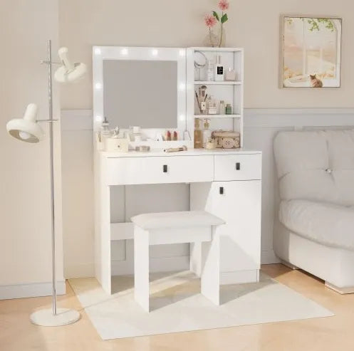 Vanity Desk with Lighted Mirror & Drawers — Adjustable Brightness Bedroom Vanity