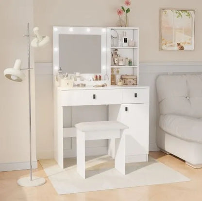 Vanity Desk with Lighted Mirror & Drawers — Adjustable Brightness Bedroom Vanity