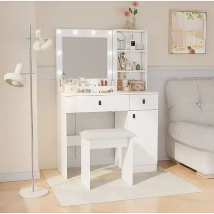 Your Morning, Elevated — Lighted Vanity Desk with Mirror &amp; Drawers