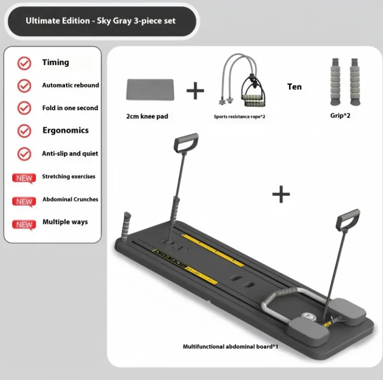 Gray abdominal sliding board set with handles resistance ropes grips and knee pad