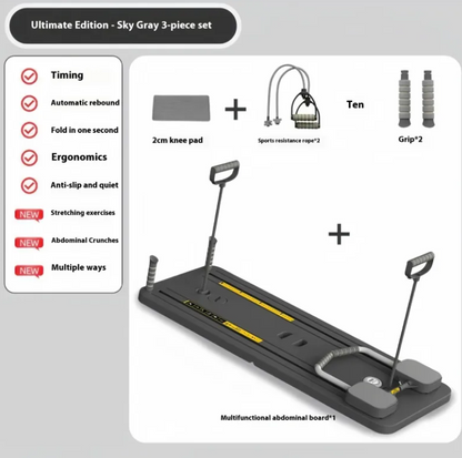 Gray abdominal sliding board set with handles resistance ropes grips and knee pad