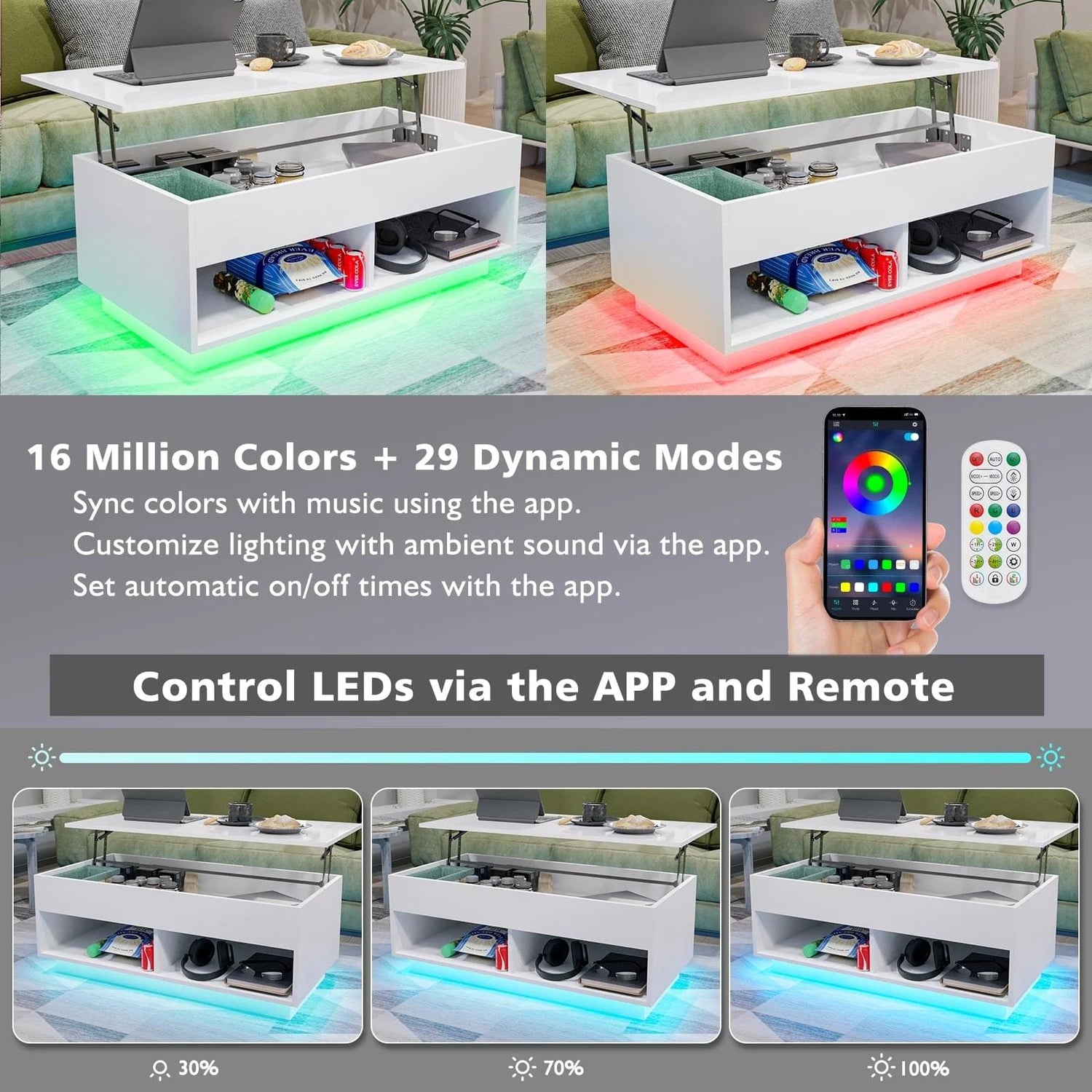 Light Up the Room — LED Lift Top Coffee Table with Hidden Storage in High Gloss White