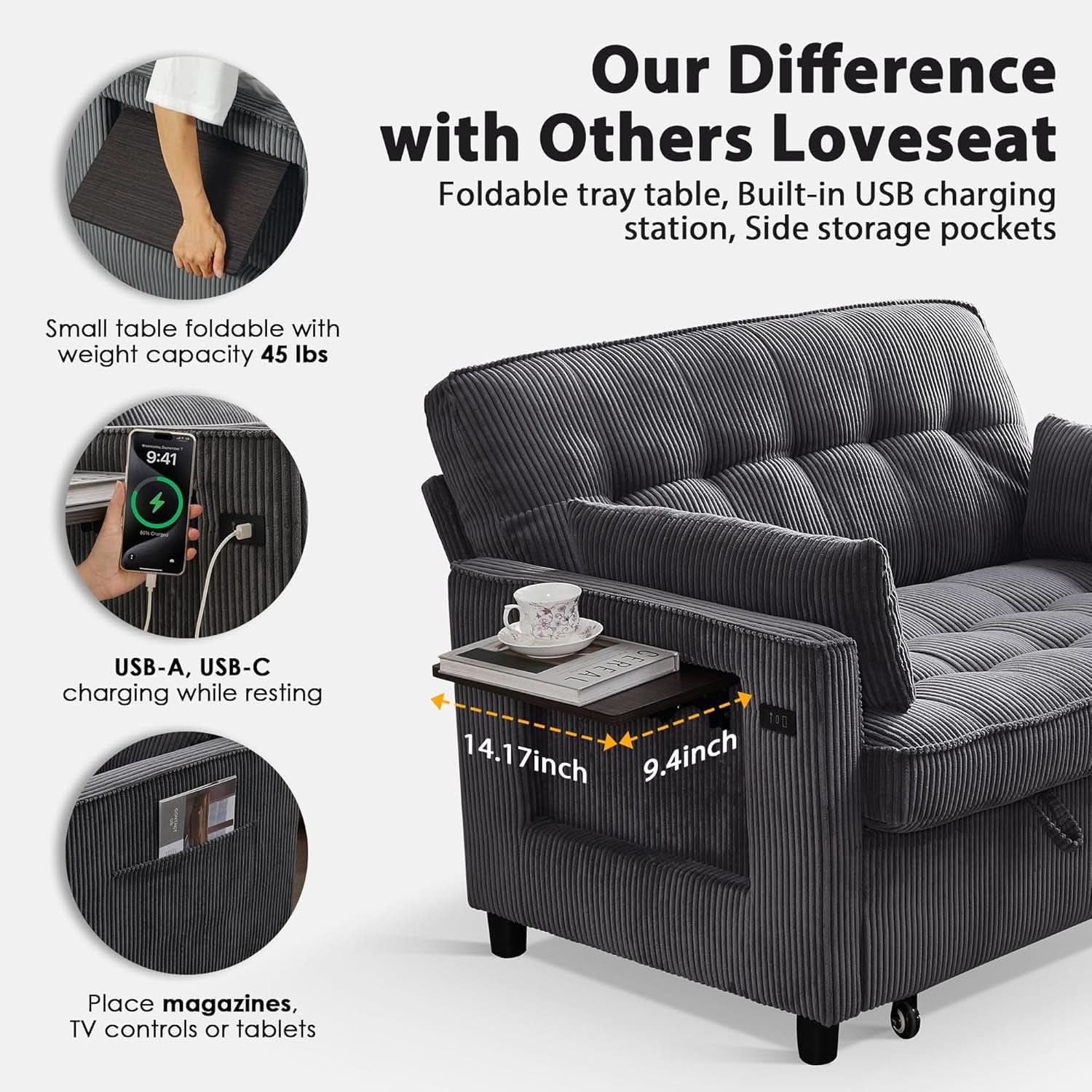 55-Inch Convertible Sleeper Sofa with USB Charging, Fold-Out Table & Corduroy Fabric Jonine&