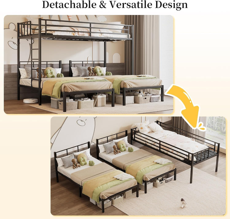 Obsidian Black Triple Bunk Bed with Built-In Charging Station — 3 Twin Beds Jonine&