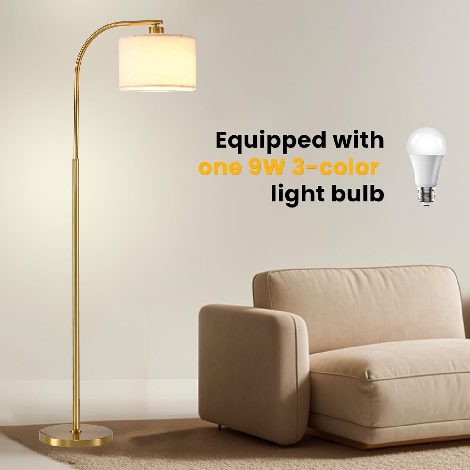 65-Inch Brushed Gold Floor Lamp with Tri-Color LED & Fabric Shade ShipItFurniture