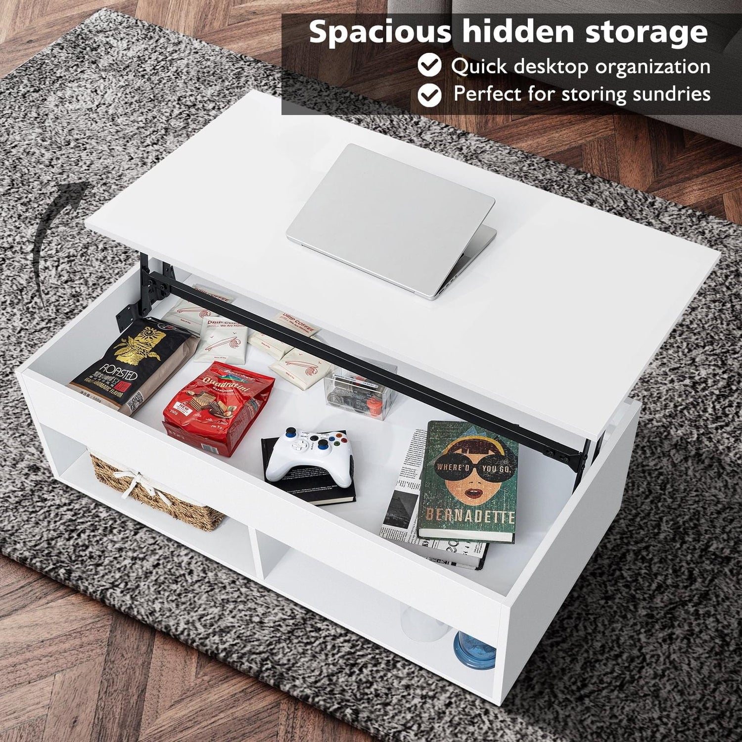 Light Up the Room — LED Lift Top Coffee Table with Hidden Storage in High Gloss White
