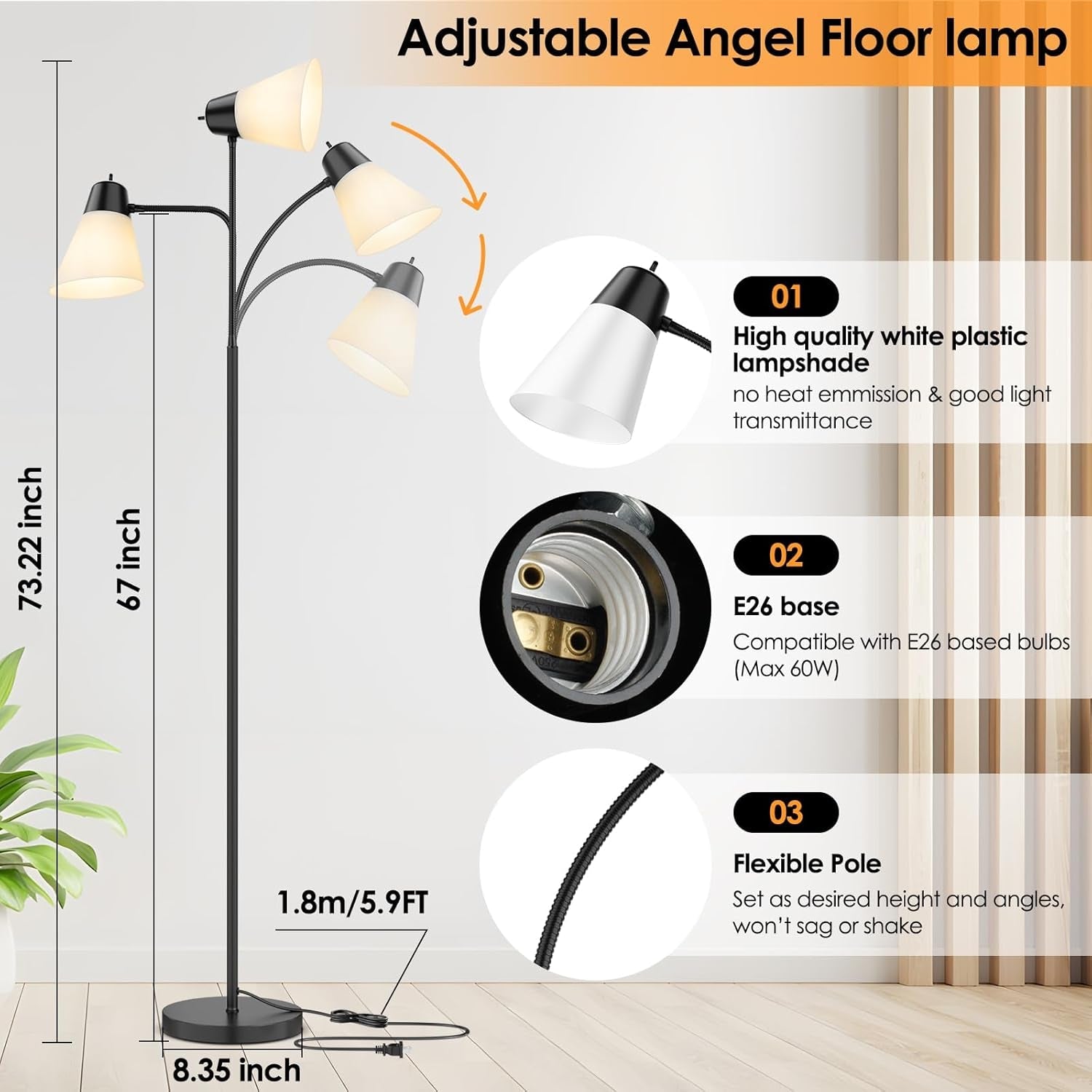 Black Floor Lamp with Adjustable Gooseneck, LED Bulb & Illuminated Shade Jonine&