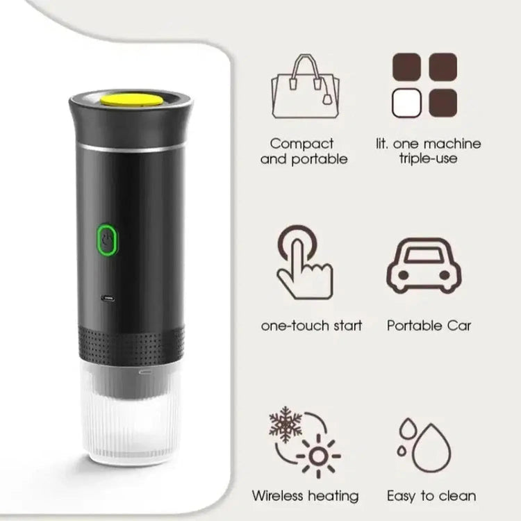 3-in-1 portable wireless espresso maker brewing espresso on a kitchen table with mugs and milk frother