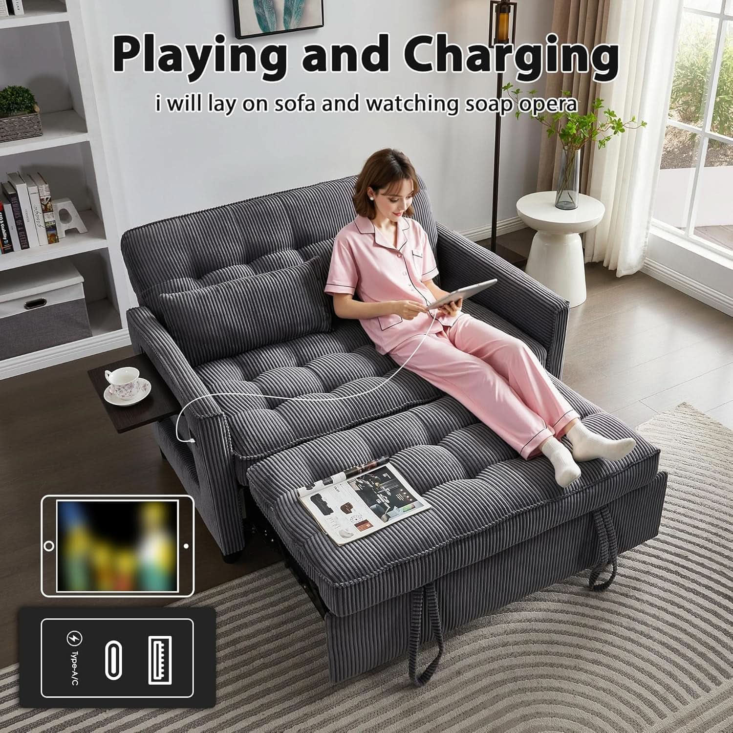 55-Inch Convertible Sleeper Sofa with USB Charging, Fold-Out Table & Corduroy Fabric Jonine&