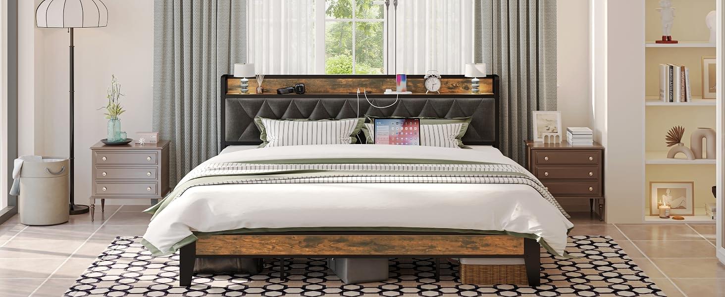 ANCTOR Twin/TwinXL/Full/Queen/King/CaliforniaKing Bed Frames, Storage Headboard with Outlets, No Noise, No Box Springs Needed Jonine&