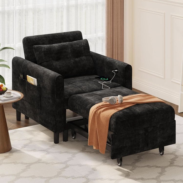 Black Upholstered Sleeper Chair Pull Out Bed For Small Rooms-0