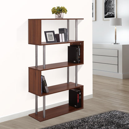 S-shaped wooden bookcase with open shelves for books plants and display décor