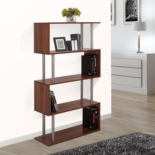 S-shaped wooden bookcase with open shelves for books plants and display décor