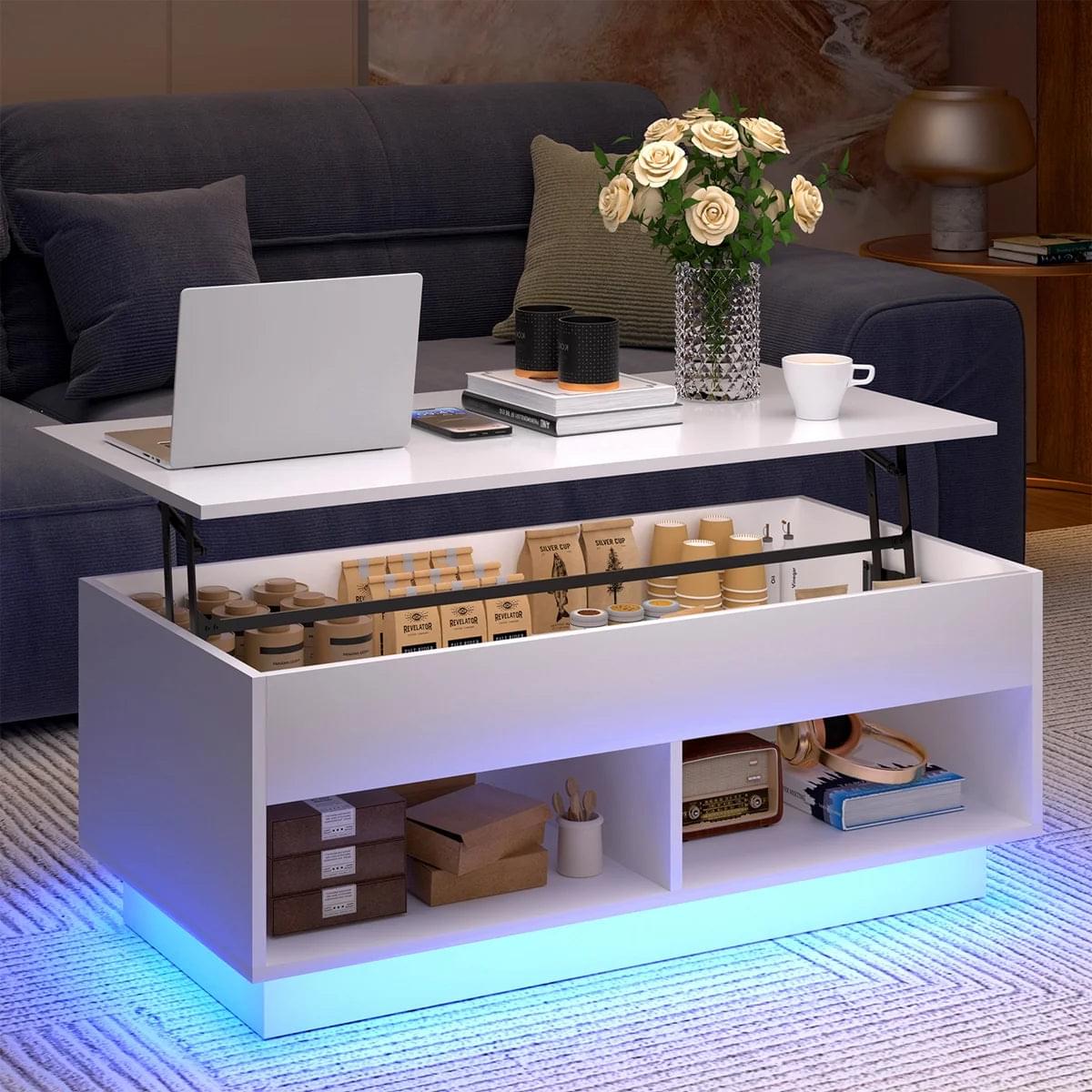 Light Up the Room — LED Lift Top Coffee Table with Hidden Storage in High Gloss White