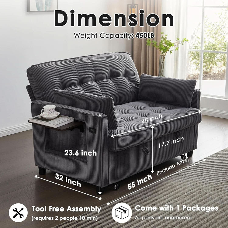 55-Inch Convertible Sleeper Sofa with USB Charging, Fold-Out Table & Corduroy Fabric Jonine&