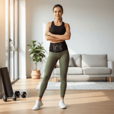 Woman wearing EMS abdominal toning belt during home workout