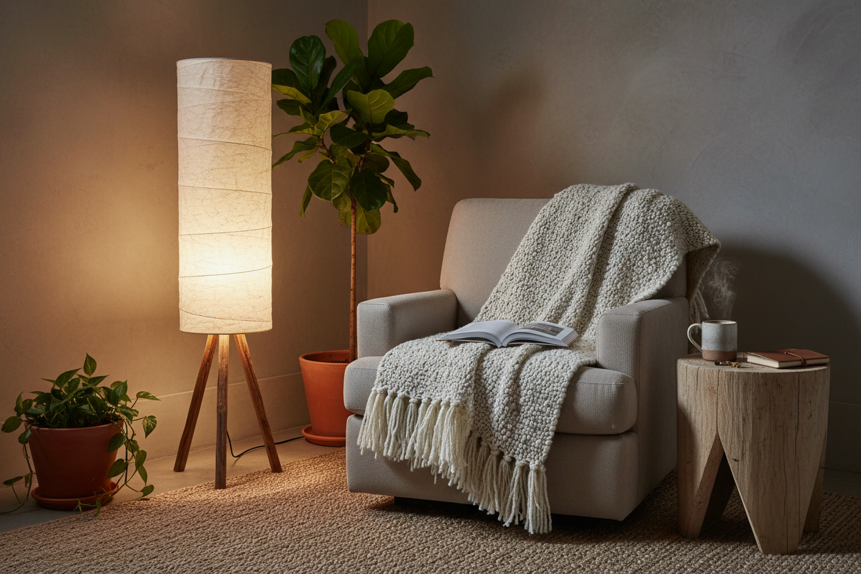 The Reading Nook Bundle — wabi-sabi floor lamp, boho throw blanket and round side table styled in a cozy corner