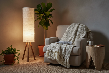 The Reading Nook Bundle — wabi-sabi floor lamp, boho throw blanket and round side table styled in a cozy corner