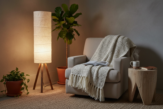 The Reading Nook Bundle — wabi-sabi floor lamp, boho throw blanket and round side table styled in a cozy corner