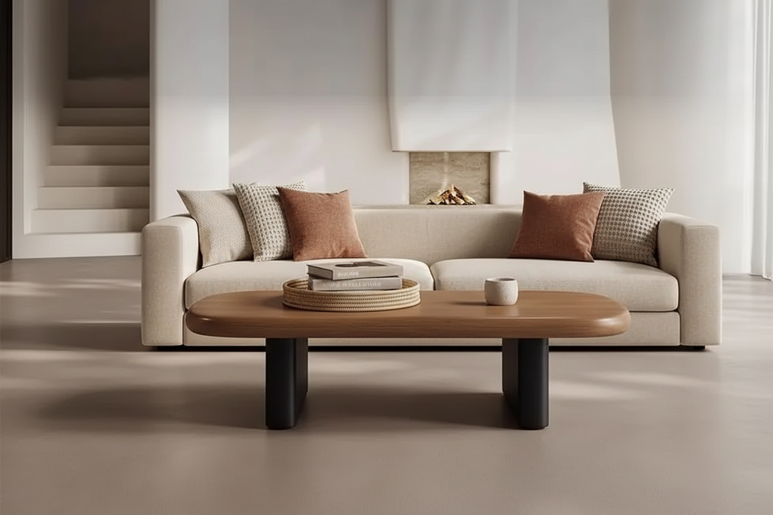 Modern minimalist wood coffee table styled in a warm living room with sofa, tray, art books and candle
