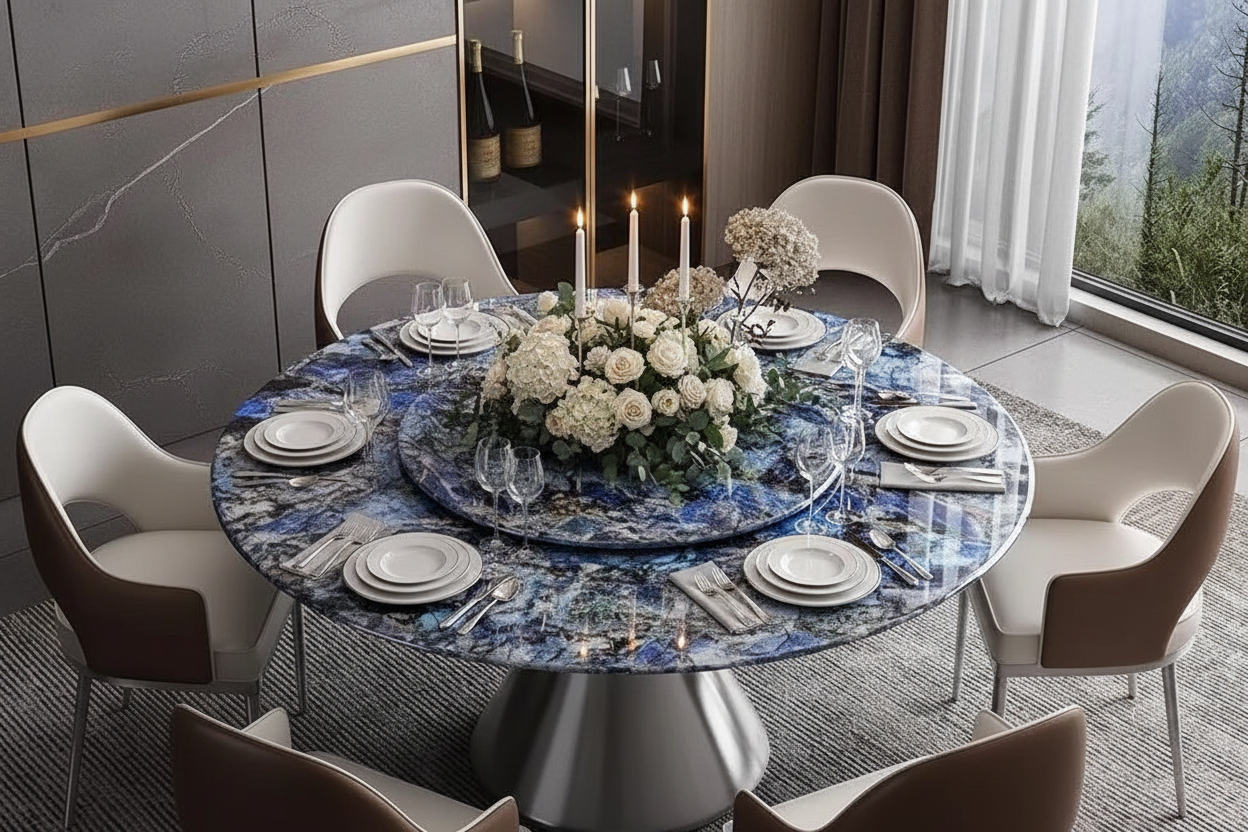 Luxury rotating round dining table with lazy susan set for an elegant dinner party with fine dinnerware, wine glasses and candles