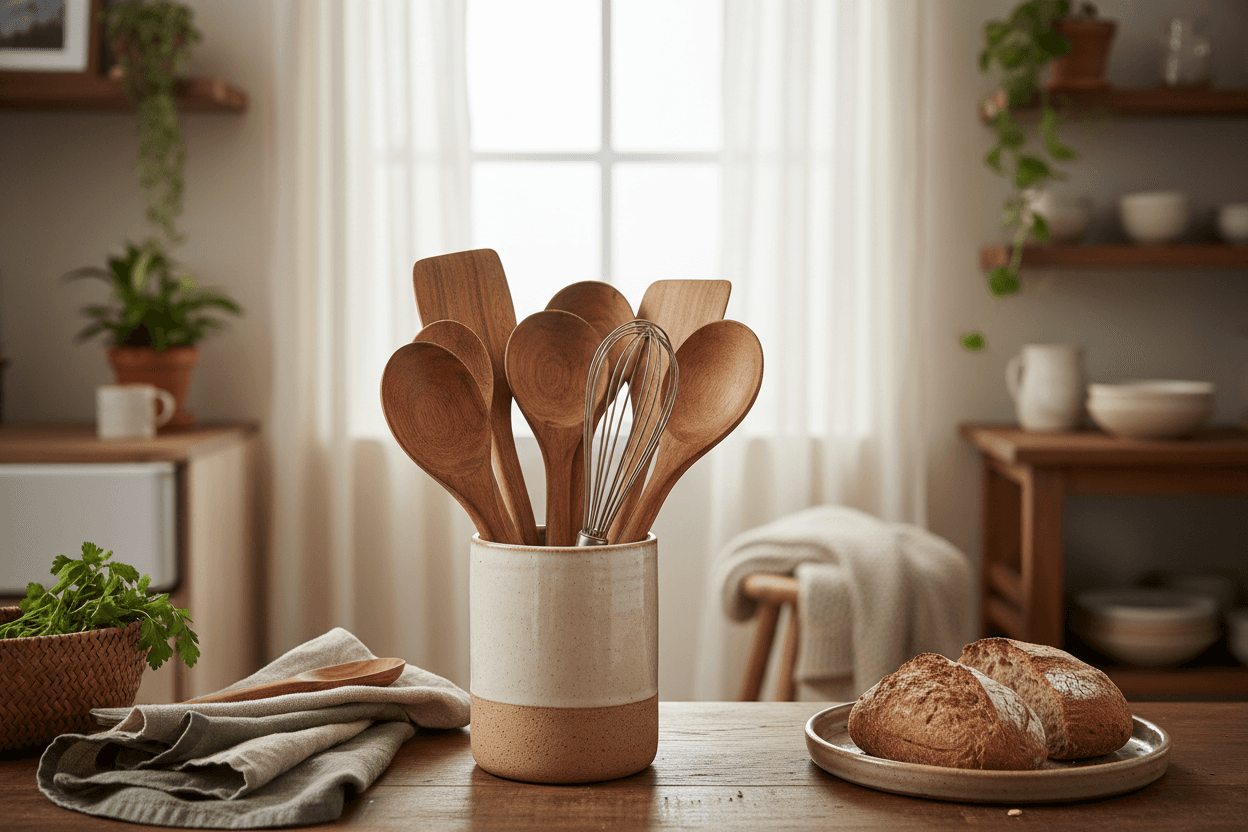 Natural Teak Wood Kitchen Utensil Set – 10-Piece Cooking Tools