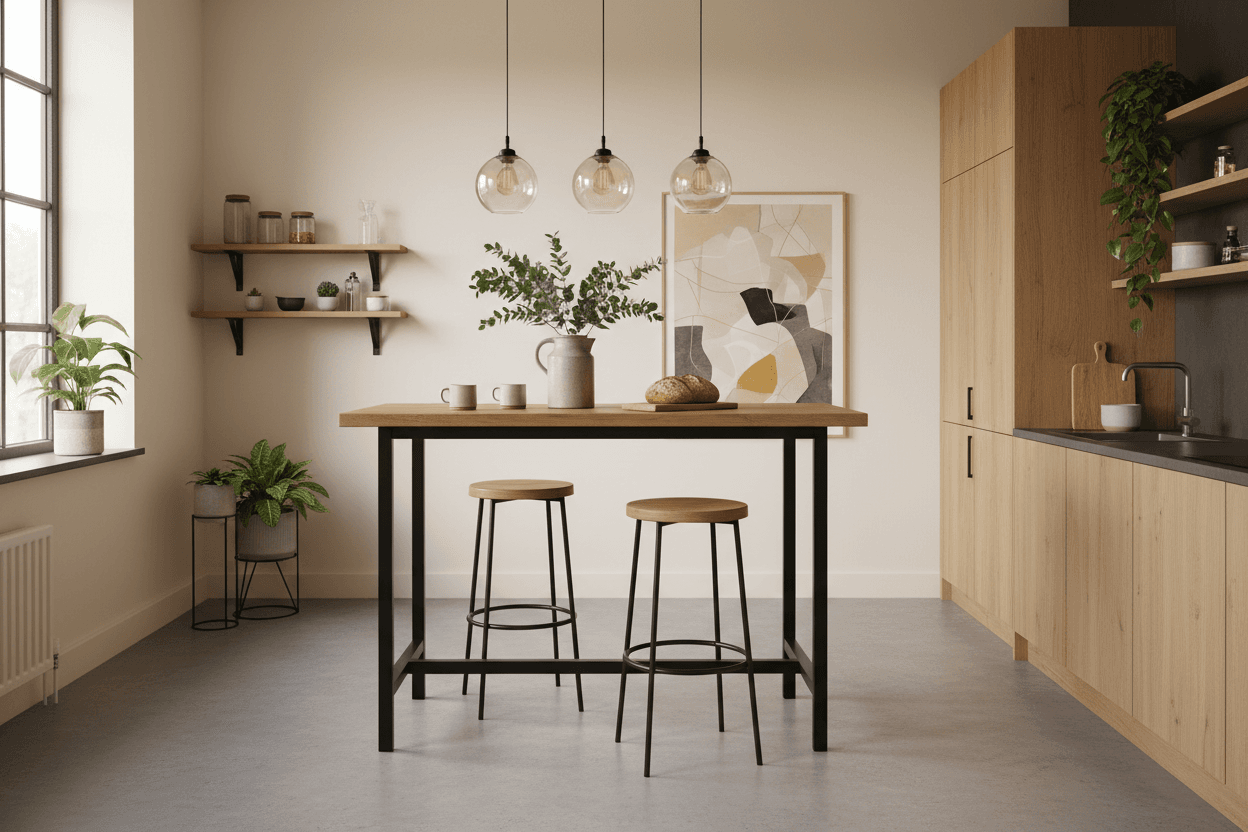 Counter-Height Industrial Bar Table – 47" Black Oak, Metal Frame