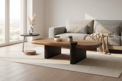 Modern minimalist wood coffee table in a bright Scandinavian open plan living space with plant and linen throw