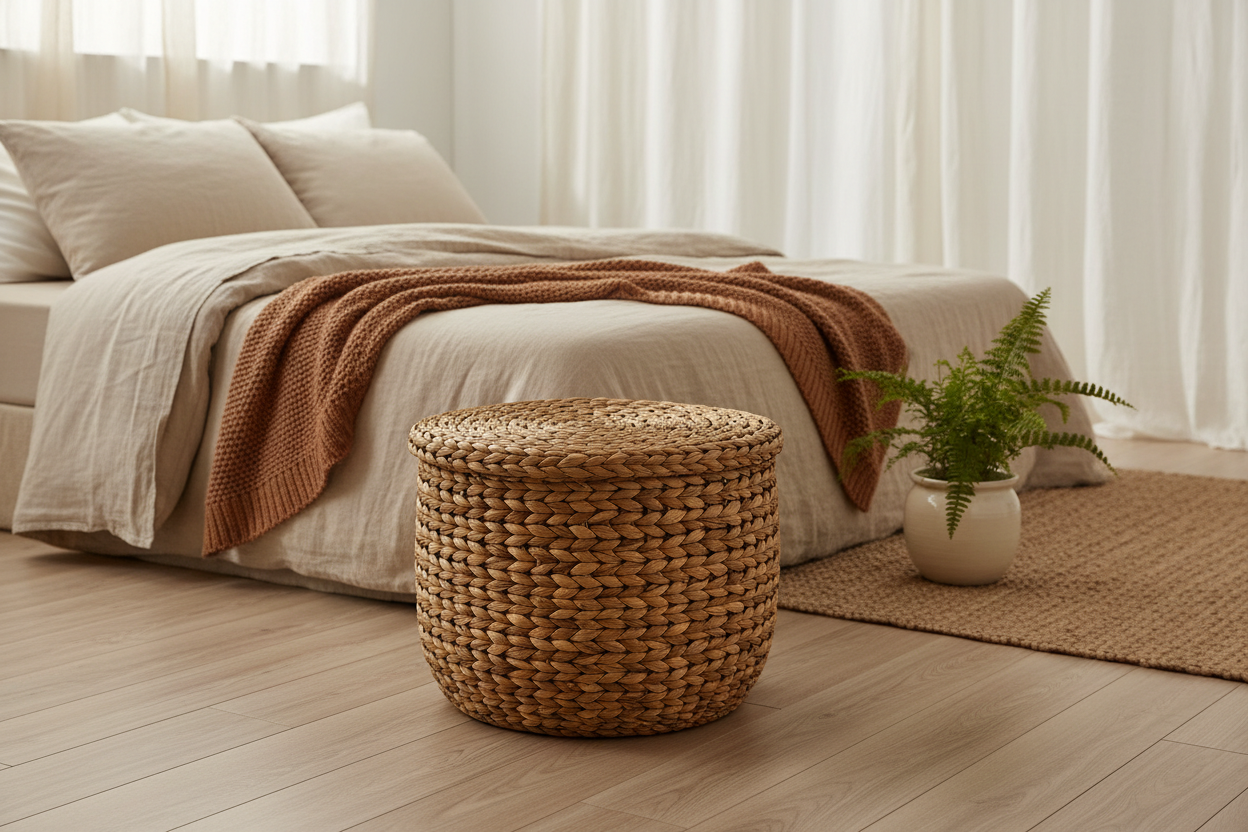 Handwoven hyacinth basket styled in a cozy bedroom