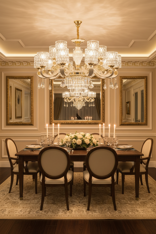 Crystal LED chandelier glowing in a grand dining room with elegant table setting and warm romantic light