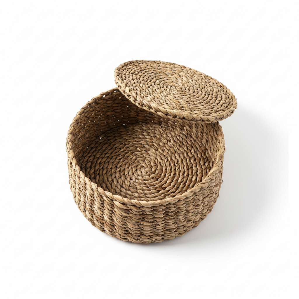 Handwoven natural hyacinth storage basket with lid - product shot
