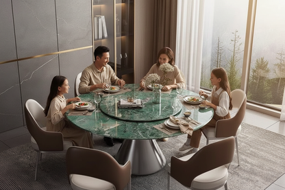 Luxury rotating round dining table styled for a warm family gathering with earthy tones, linen napkins and fresh flowers