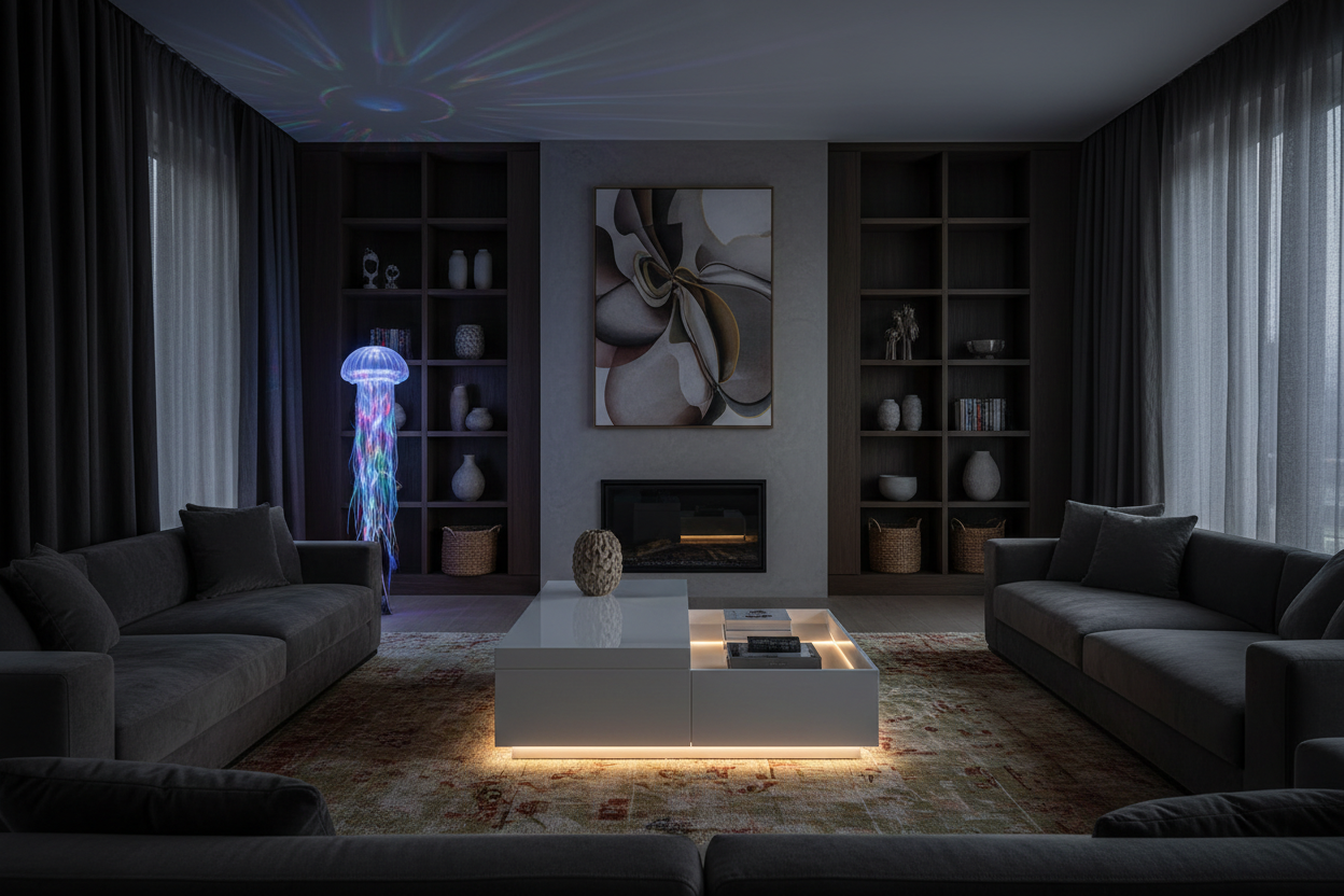 Glow & Flow Bundle — LED coffee table and jellyfish lamp creating ambient living room lighting
