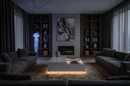 Glow & Flow Bundle — LED coffee table and jellyfish lamp creating ambient living room lighting